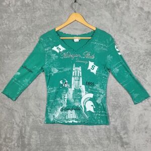 P. Michael Michigan State Spartans Shirt Womens Medium V Neck Graphic Green USA